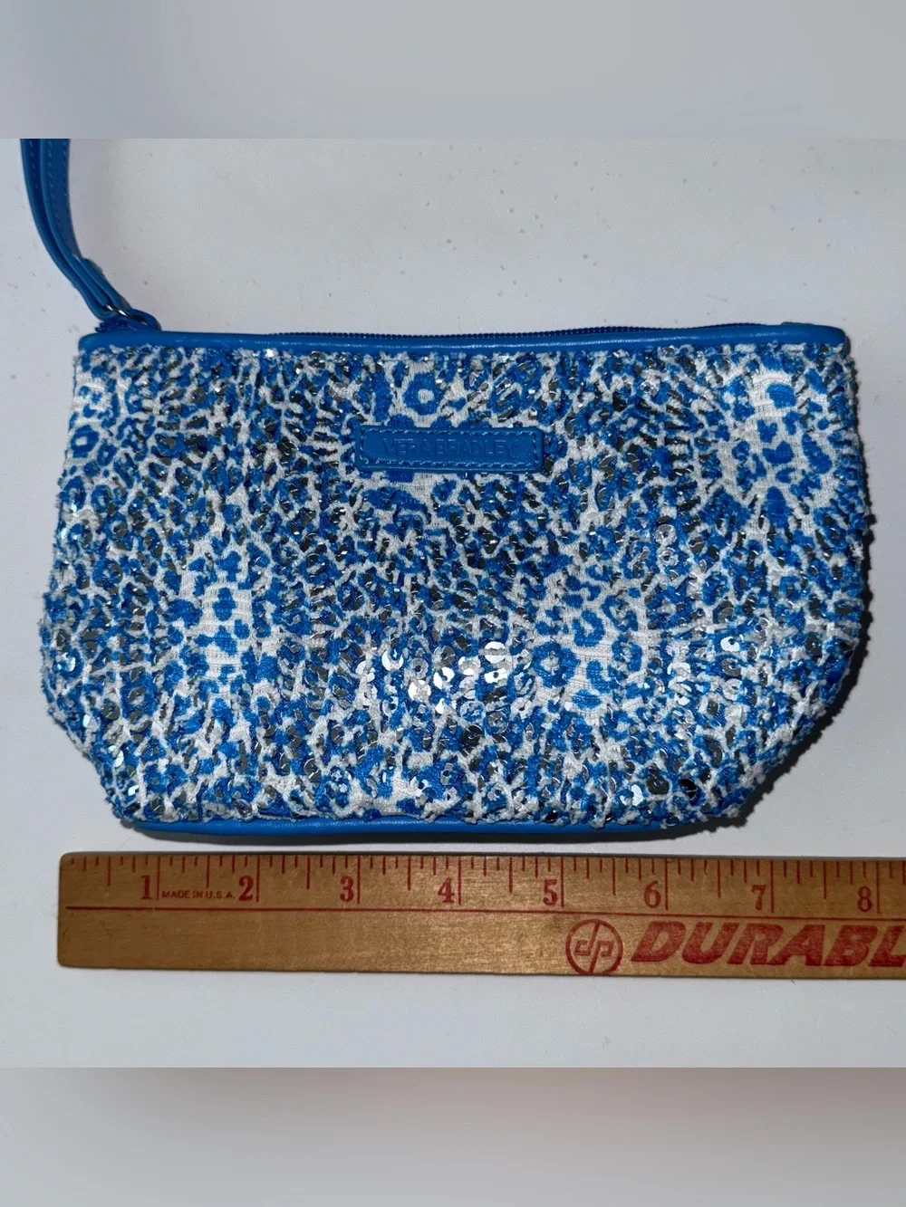 Vera Bradley Camocat Blue Wristlet Mesh Sequin Sparkle Slip Cosmetic Bag NWOT!